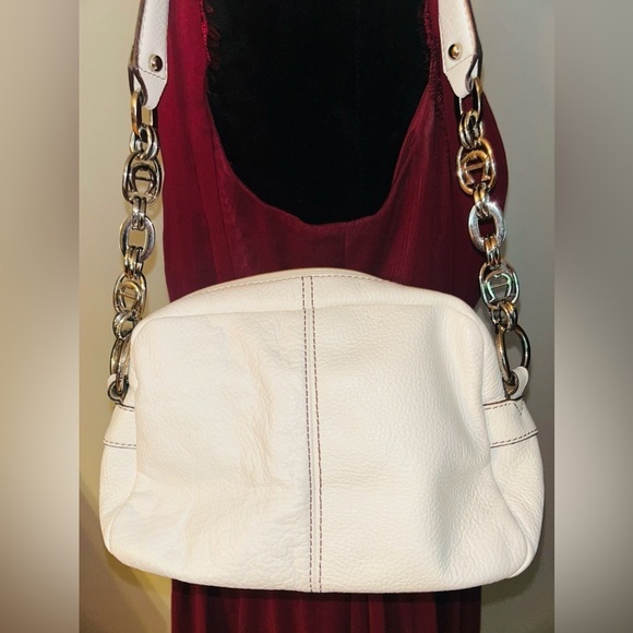 Etienne Aigner Pebbled White Pebbled Leather Chain Logo Handle Purse Handbag - Picture 4 of 7